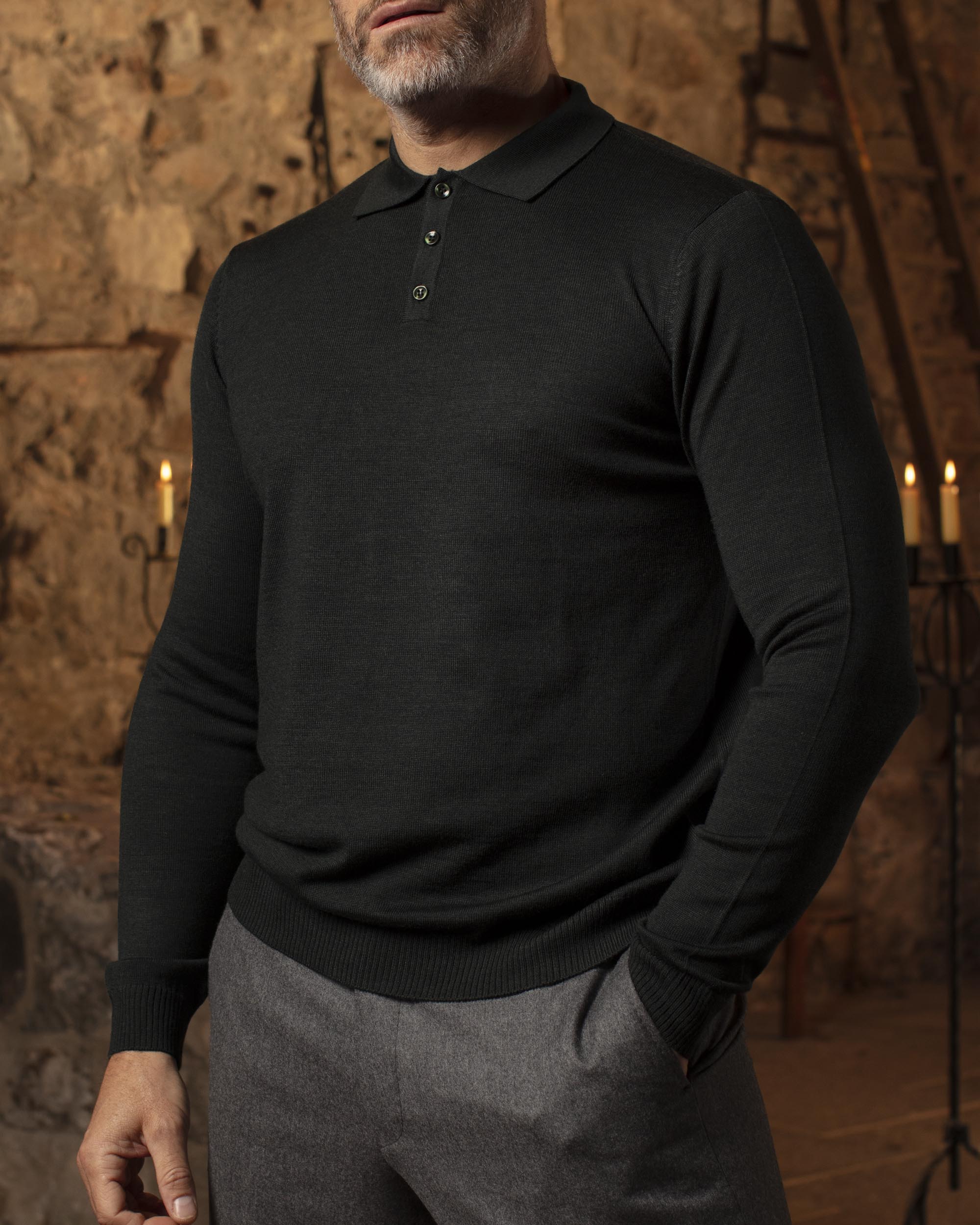 Charcoal, Merino Long Sleeve Polo Shirt